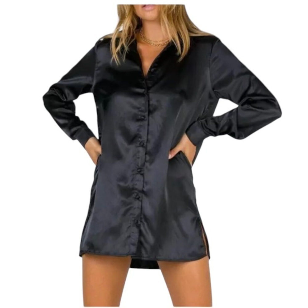 Princess Polly 90210 Black Satin Button Down Longsleeve Mini Dress Sz 12